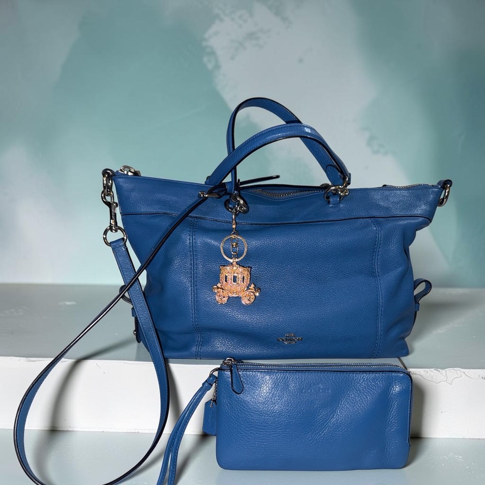Coach Blue Pebbled Leather Satchel Bag and Matching Wallet Set with Charm